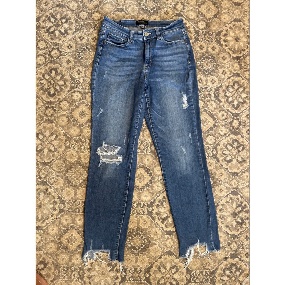 Judy Blue Skinny Jeans Womens 7/28 Distressed Raw Hem Stretch Medium Wash